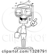Lineart Clipart Of A Cartoon Black And White Skinny Drunk Or Dizzy Robot In Snorkel Gear Royalty Free Outline Vector Illustration