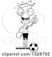 Lineart Clipart Of A Cartoon Black And White Skinny Drunk Or Dizzy Robot Soccer Player Royalty Free Outline Vector Illustration