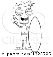 Lineart Clipart Of A Cartoon Black And White Skinny Drunk Or Dizzy Surfer Robot Royalty Free Outline Vector Illustration