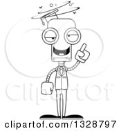 Lineart Clipart Of A Cartoon Black And White Skinny Drunk Or Dizzy Robot Professor Royalty Free Outline Vector Illustration