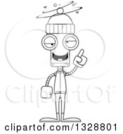 Lineart Clipart Of A Cartoon Black And White Skinny Drunk Or Dizzy Robot In Winter Clothes Royalty Free Outline Vector Illustration