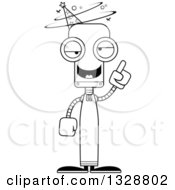 Lineart Clipart Of A Cartoon Black And White Skinny Drunk Or Dizzy Robot Wizard Royalty Free Outline Vector Illustration
