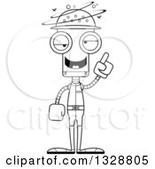 Lineart Clipart Of A Cartoon Black And White Skinny Drunk Or Dizzy Robot Zookeeper Royalty Free Outline Vector Illustration