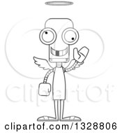 Poster, Art Print Of Cartoon Black And White Skinny Robot Angel With A Missing Tooth Waving