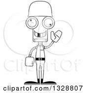 Lineart Clipart Of A Cartoon Black And White Skinny Waving Army Soldier Robot With A Missing Tooth Royalty Free Outline Vector Illustration