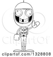 Lineart Clipart Of A Cartoon Black And White Skinny Waving Robot Astronaut With A Missing Tooth Royalty Free Outline Vector Illustration