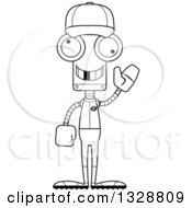 Lineart Clipart Of A Cartoon Black And White Skinny Waving Robot Baseball Player With A Missing Tooth Royalty Free Outline Vector Illustration