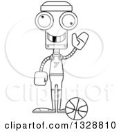 Lineart Clipart Of A Cartoon Black And White Skinny Waving Robot Basketball Player With A Missing Tooth Royalty Free Outline Vector Illustration