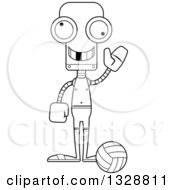 Poster, Art Print Of Cartoon Black And White Skinny Waving Beach Volleyball Robot With A Missing Tooth