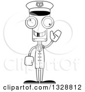 Lineart Clipart Of A Cartoon Black And White Skinny Waving Robot Boat Captain With A Missing Tooth Royalty Free Outline Vector Illustration