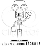 Lineart Clipart Of A Cartoon Black And White Skinny Waving Business Robot With A Missing Tooth Royalty Free Outline Vector Illustration