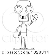 Lineart Clipart Of A Cartoon Black And White Skinny Waving Casual Robot With A Missing Tooth Royalty Free Outline Vector Illustration