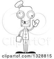 Lineart Clipart Of A Cartoon Black And White Skinny Waving Chef Robot With A Missing Tooth Royalty Free Outline Vector Illustration