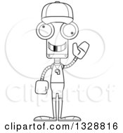 Lineart Clipart Of A Cartoon Black And White Skinny Waving Robot Sports Coach With A Missing Tooth Royalty Free Outline Vector Illustration