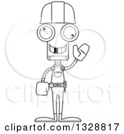 Lineart Clipart Of A Cartoon Black And White Skinny Waving Robot Construction Worker With A Missing Tooth Royalty Free Outline Vector Illustration