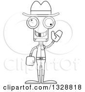 Lineart Clipart Of A Cartoon Black And White Skinny Waving Robot Cowboy With A Missing Tooth Royalty Free Outline Vector Illustration