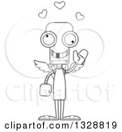 Lineart Clipart Of A Cartoon Black And White Skinny Waving Robot Cupid With A Missing Tooth Royalty Free Outline Vector Illustration