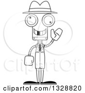 Lineart Clipart Of A Cartoon Black And White Skinny Waving Robot Detective With A Missing Tooth Royalty Free Outline Vector Illustration