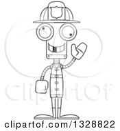 Poster, Art Print Of Cartoon Black And White Skinny Waving Robot Firefighter With A Missing Tooth