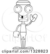Lineart Clipart Of A Cartoon Black And White Skinny Waving Fit Robot With A Missing Tooth Royalty Free Outline Vector Illustration