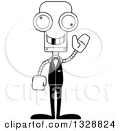 Poster, Art Print Of Cartoon Black And White Skinny Waving Robot Groom With A Missing Tooth