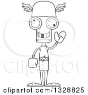 Poster, Art Print Of Cartoon Black And White Skinny Waving Hermes Robot With A Missing Tooth