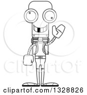Lineart Clipart Of A Cartoon Black And White Skinny Waving Robot Hiker With A Missing Tooth Royalty Free Outline Vector Illustration
