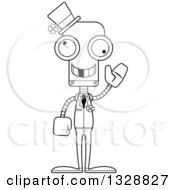 Lineart Clipart Of A Cartoon Black And White Skinny Waving Irish St Patricks Day Robot With A Missing Tooth Royalty Free Outline Vector Illustration