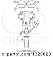 Lineart Clipart Of A Cartoon Black And White Skinny Waving Robot Jester With A Missing Tooth Royalty Free Outline Vector Illustration