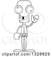 Lineart Clipart Of A Cartoon Black And White Skinny Waving Karate Robot With A Missing Tooth Royalty Free Outline Vector Illustration