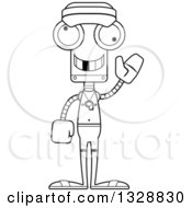 Lineart Clipart Of A Cartoon Black And White Skinny Waving Lifeguard Robot With A Missing Tooth Royalty Free Outline Vector Illustration