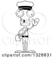 Lineart Clipart Of A Cartoon Black And White Skinny Waving Robot Mailman With A Missing Tooth Royalty Free Outline Vector Illustration