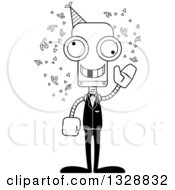 Lineart Clipart Of A Cartoon Black And White Skinny Waving Party Robot With A Missing Tooth Royalty Free Outline Vector Illustration