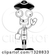 Lineart Clipart Of A Cartoon Black And White Skinny Waving Pirate Robot With A Missing Tooth Royalty Free Outline Vector Illustration