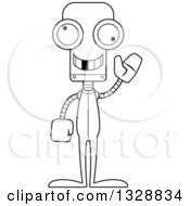 Lineart Clipart Of A Cartoon Black And White Skinny Waving Robot With A Missing Tooth Wearing Pajamas Royalty Free Outline Vector Illustration