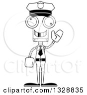Poster, Art Print Of Cartoon Black And White Skinny Waving Robot Police Officer With A Missing Tooth