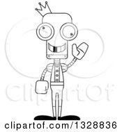 Lineart Clipart Of A Cartoon Black And White Skinny Waving Robot Prince With A Missing Tooth Royalty Free Outline Vector Illustration