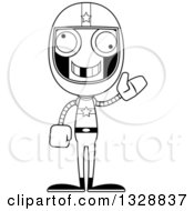 Lineart Clipart Of A Cartoon Black And White Skinny Waving Race Car Driver Robot With A Missing Tooth Royalty Free Outline Vector Illustration