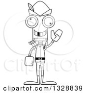 Lineart Clipart Of A Cartoon Black And White Skinny Waving Robin Hood Robot With A Missing Tooth Royalty Free Outline Vector Illustration