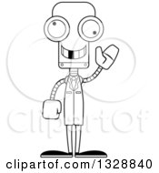 Lineart Clipart Of A Cartoon Black And White Skinny Waving Robot Doctor With A Missing Tooth Royalty Free Outline Vector Illustration