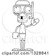 Lineart Clipart Of A Cartoon Black And White Skinny Snorkel Waving Robot With A Missing Tooth Royalty Free Outline Vector Illustration