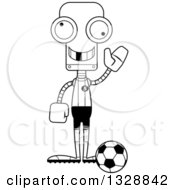 Lineart Clipart Of A Cartoon Black And White Skinny Waving Robot Soccer Player With A Missing Tooth Royalty Free Outline Vector Illustration