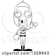 Lineart Clipart Of A Cartoon Black And White Skinny Waving Futuristic Space Robot With A Missing Tooth Royalty Free Outline Vector Illustration
