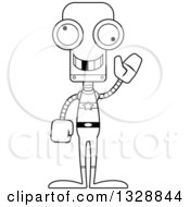 Lineart Clipart Of A Cartoon Black And White Skinny Waving Robot Super Hero With A Missing Tooth Royalty Free Outline Vector Illustration