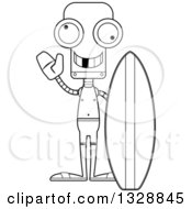 Lineart Clipart Of A Cartoon Black And White Skinny Waving Surfer Robot With A Missing Tooth Royalty Free Outline Vector Illustration