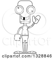 Lineart Clipart Of A Cartoon Black And White Skinny Waving Robot Swimmer With A Missing Tooth Royalty Free Outline Vector Illustration