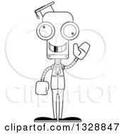 Lineart Clipart Of A Cartoon Black And White Skinny Waving Robot Teacher With A Missing Tooth Royalty Free Outline Vector Illustration
