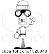 Lineart Clipart Of A Cartoon Black And White Skinny Waving Robber Robot With A Missing Tooth Royalty Free Outline Vector Illustration