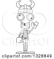 Lineart Clipart Of A Cartoon Black And White Skinny Waving Viking Robot With A Missing Tooth Royalty Free Outline Vector Illustration