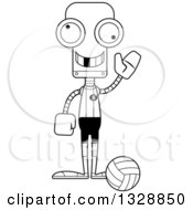 Lineart Clipart Of A Cartoon Black And White Skinny Waving Robot Volleyball Player With A Missing Tooth Royalty Free Outline Vector Illustration
